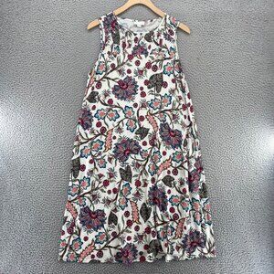 J Jill Dress Womens Small White Multi Floral T Shirt Swing Pintuck Pleat Yoke